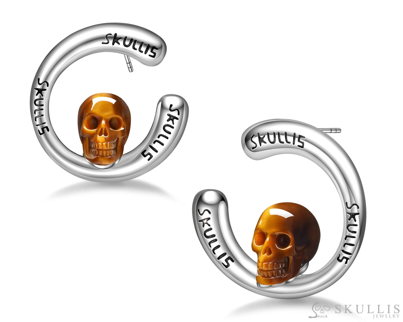 Gem Skull Earrings of Gold Tiger’s Eye Carved Skull in 925 Sterling Silver Skull Earrings