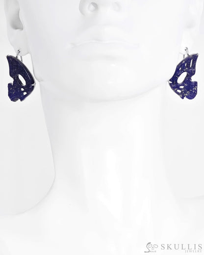 Gem Skull Earrings of Lapis Lazuli Carved Skull in 925 Sterling Silver-S0001718 Skull Earrings