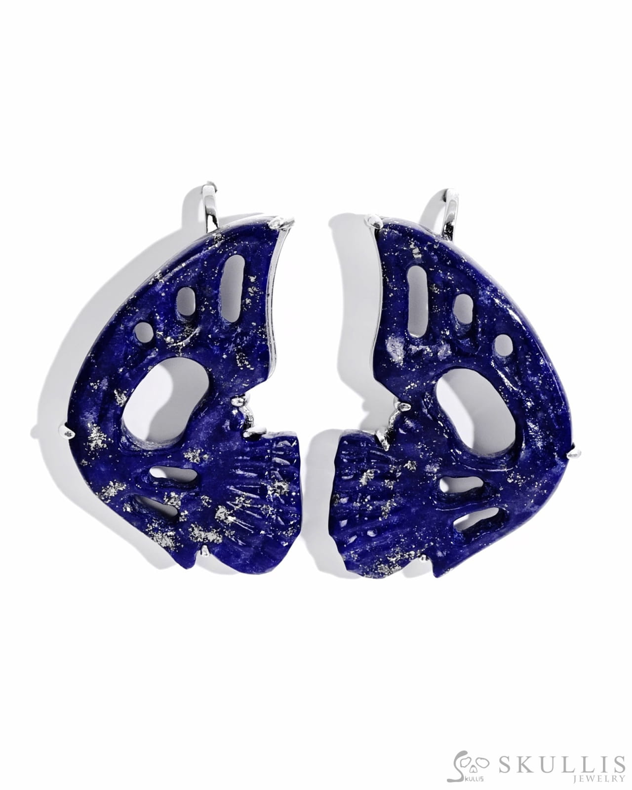 Gem Skull Earrings of Lapis Lazuli Carved Skull in 925 Sterling Silver-S0001718 Skull Earrings