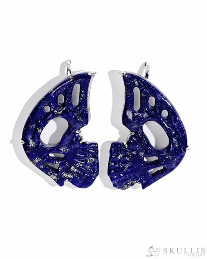 Gem Skull Earrings of Lapis Lazuli Carved Skull in 925 Sterling Silver-S0001718 Skull Earrings