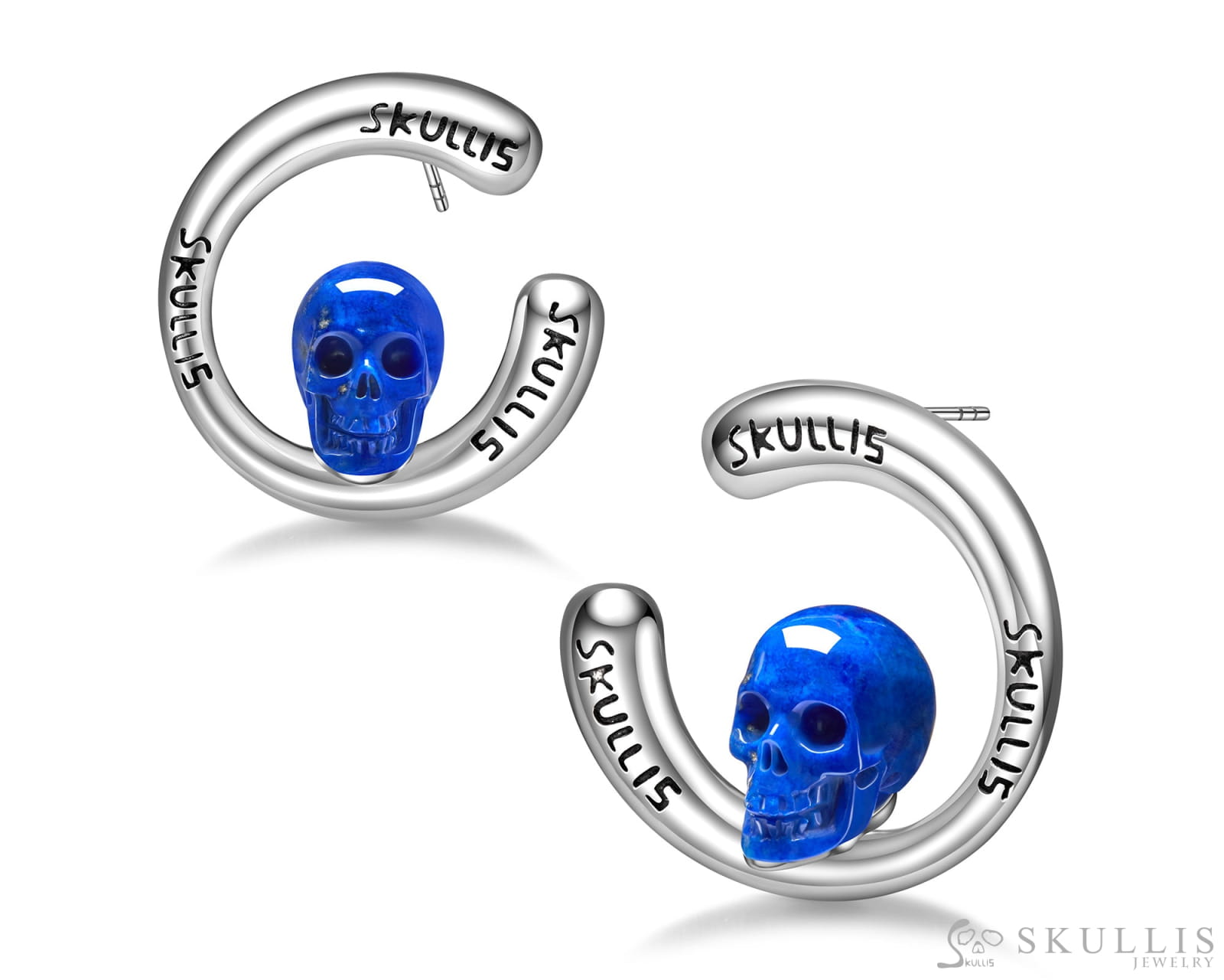 Gem Skull Earrings of Lapis Lazuli Carved Skull in 925 Sterling Silver Skull Earrings