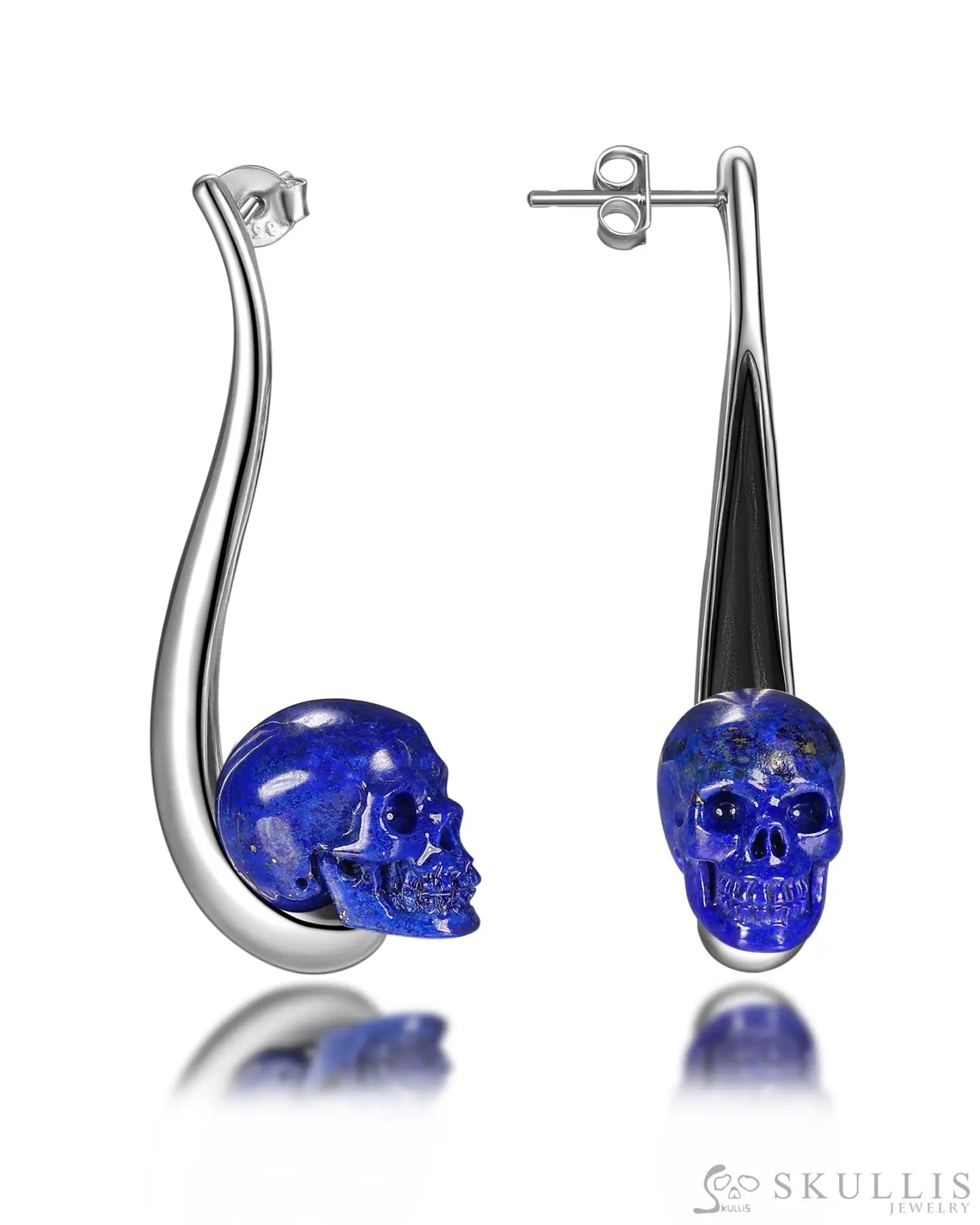 Gem Skull Earrings Of Lapis Lazuli Carved Skull In 925 Sterling Silver Skull