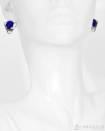 Skull Earrings Of Lapis Lazuli Carved Skull In 925 Sterling Silver.