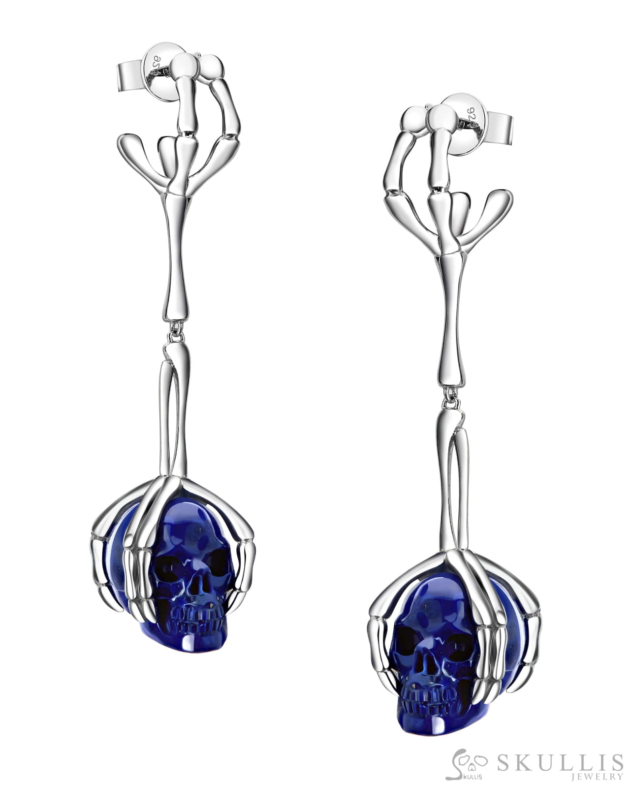 Gem Skull Earrings of Lapis Lazuli Carved Skull in 925 Sterling Silver Skull Earrings