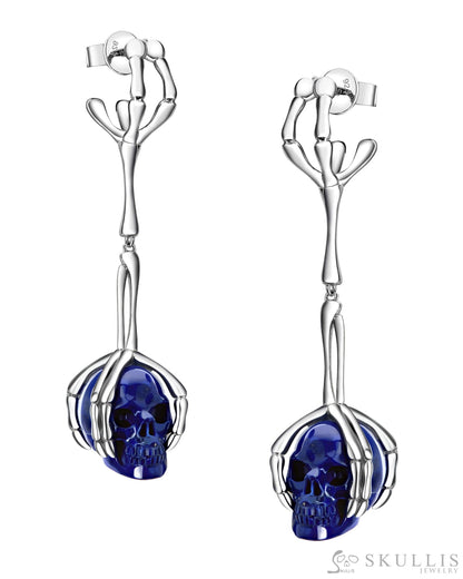 Gem Skull Earrings of Lapis Lazuli Carved Skull in 925 Sterling Silver Skull Earrings
