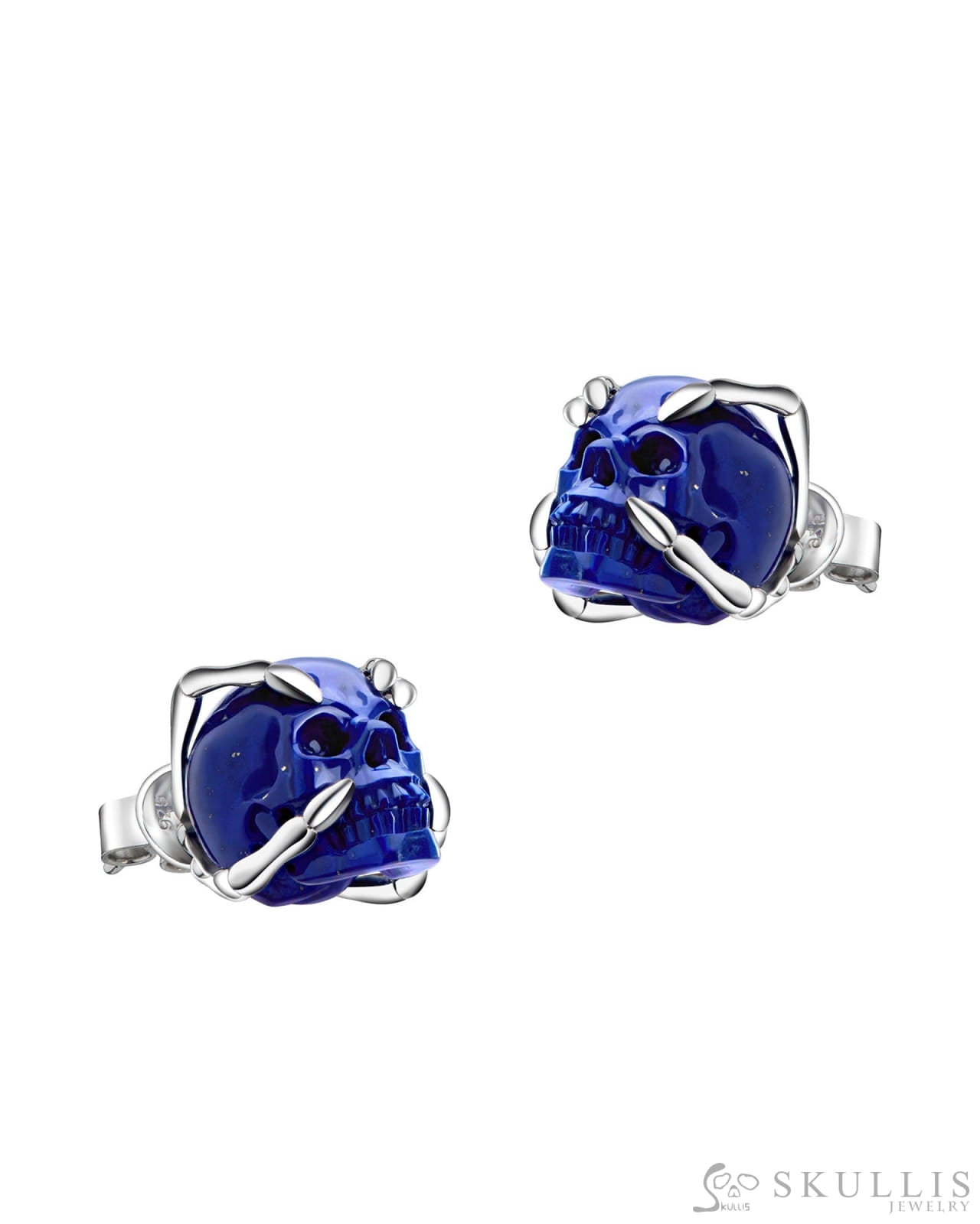 Gem Skull Earrings of Lapis Lazuli Carved Skull in 925 Sterling Silver Skull Earrings
