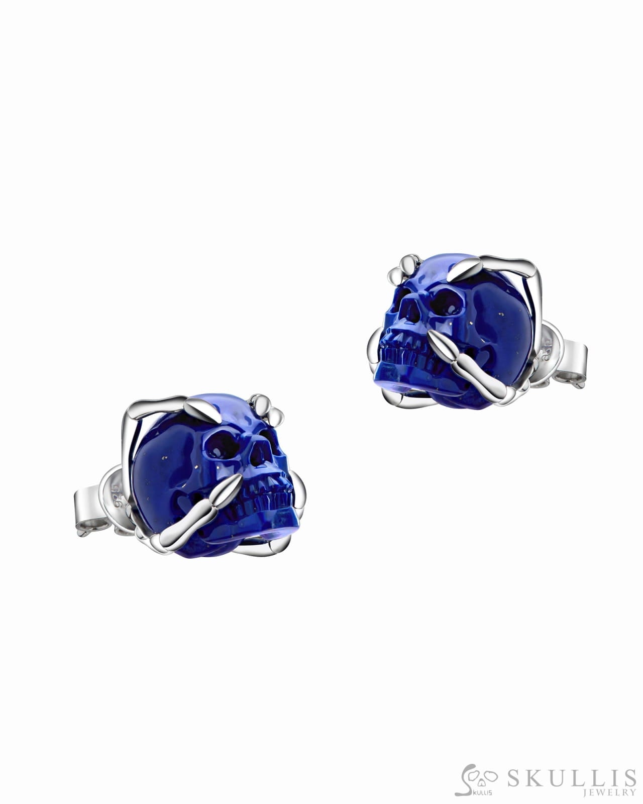 Gem Skull Earrings of Lapis Lazuli Carved Skull in 925 Sterling Silver Skull Earrings