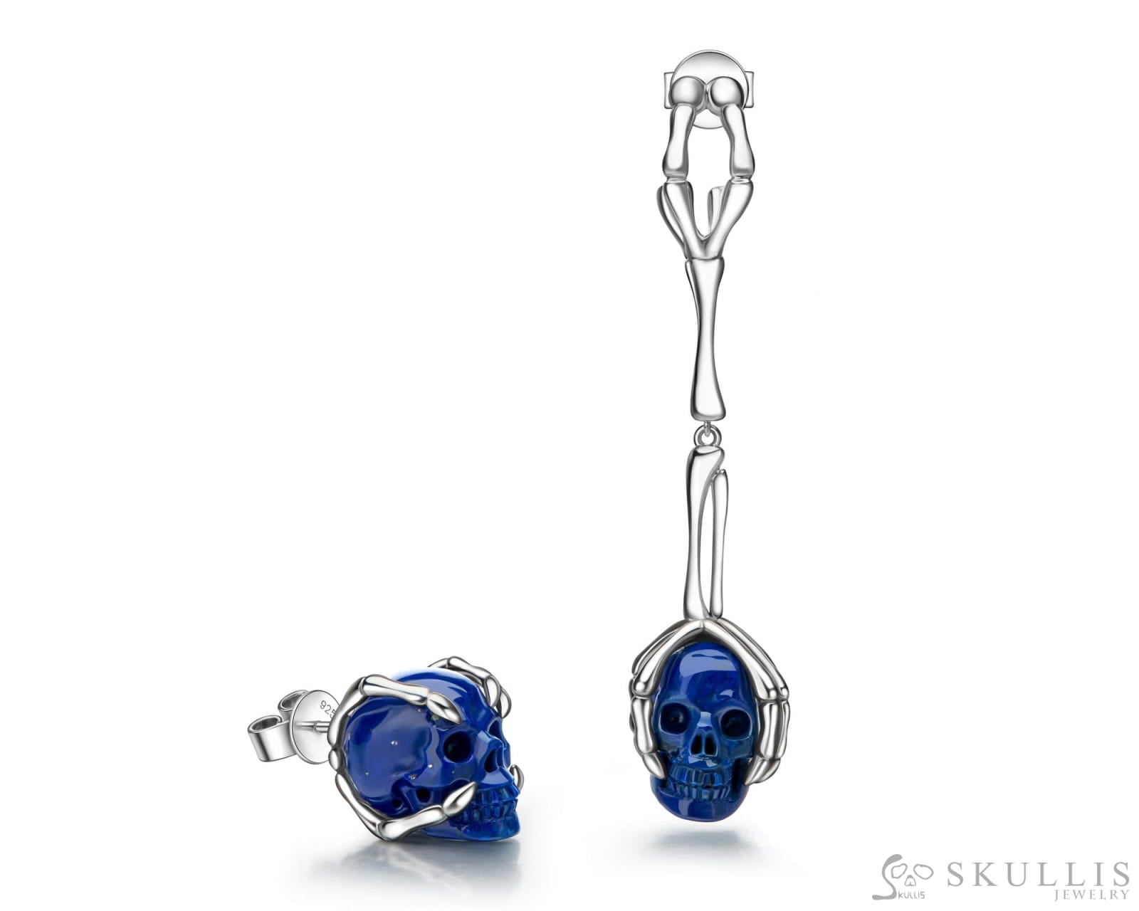 Gem Skull Earrings Of Lapis Lazuli Carved Skull In 925 Sterling Silver