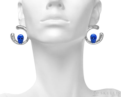 Gem Skull Earrings of Lapis Lazuli Carved Skull in 925 Sterling Silver Skull Earrings