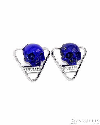 Skull Earrings Of Lapis Lazuli Carved Skull In 925 Sterling Silver.