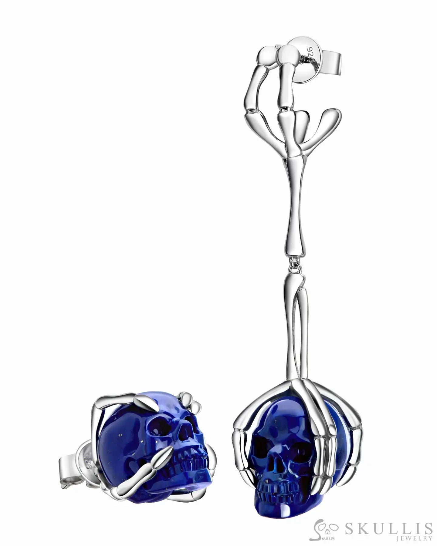 Gem Skull Earrings Of Lapis Lazuli Carved Skull In 925 Sterling Silver