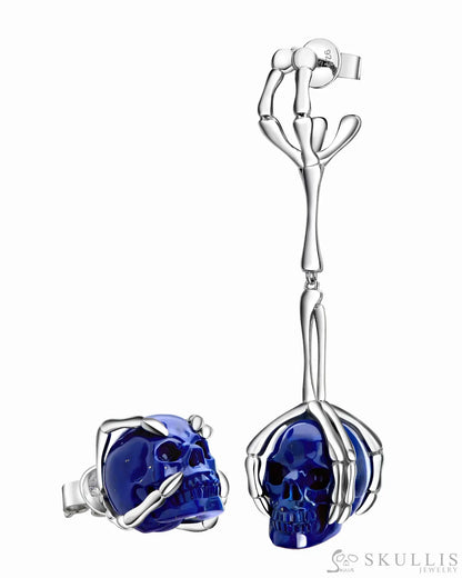 Gem Skull Earrings Of Lapis Lazuli Carved Skull In 925 Sterling Silver