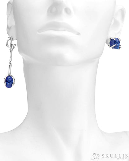 Gem Skull Earrings Of Lapis Lazuli Carved Skull In 925 Sterling Silver