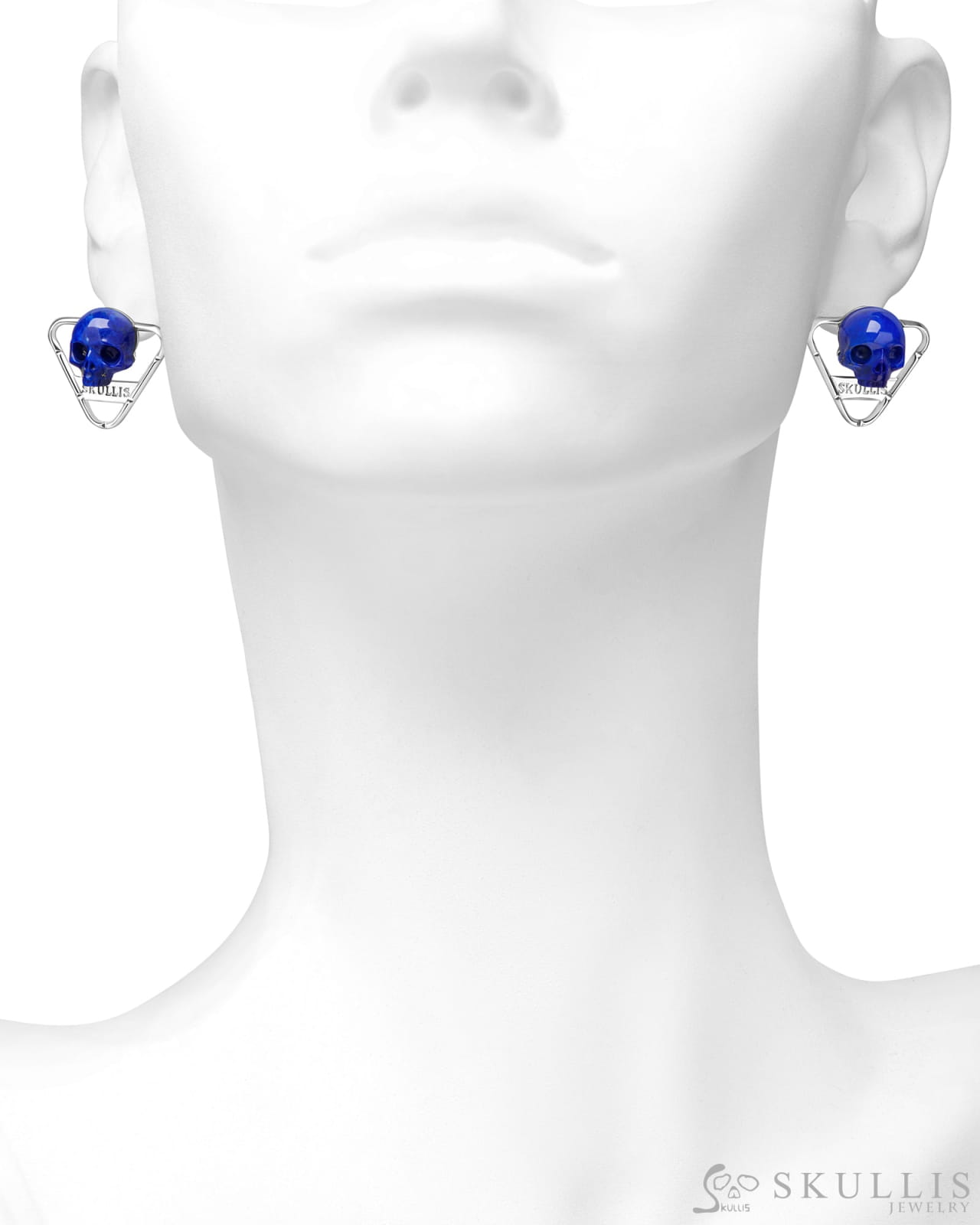 Gem Skull Earrings of Lapis Lazuli Carved Skull in 925 Sterling Silver Skull Earrings
