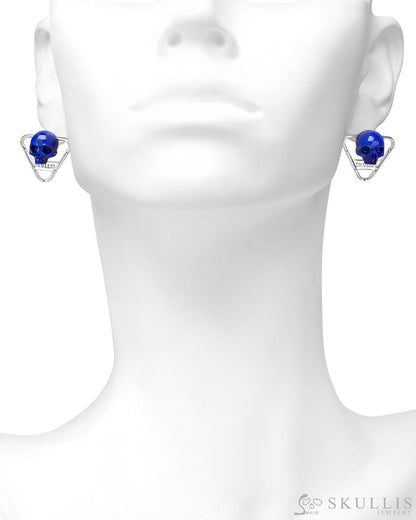 Gem Skull Earrings of Lapis Lazuli Carved Skull in 925 Sterling Silver Skull Earrings