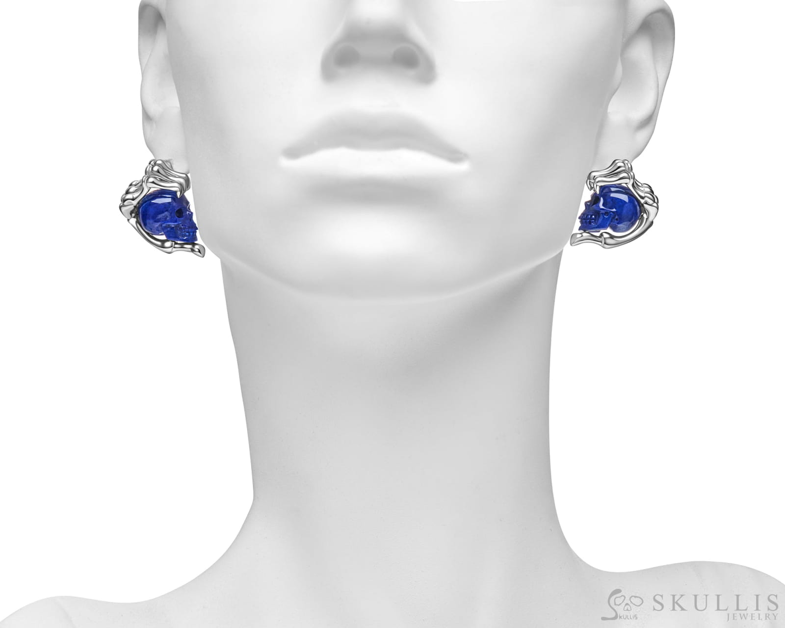 Gem Skull Earrings of Lapis Lazuli Carved Skull with 925 Sterling Silver Hand Bones Skull Earrings