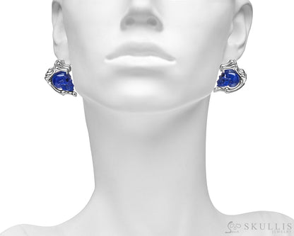 Gem Skull Earrings of Lapis Lazuli Carved Skull with 925 Sterling Silver Hand Bones Skull Earrings