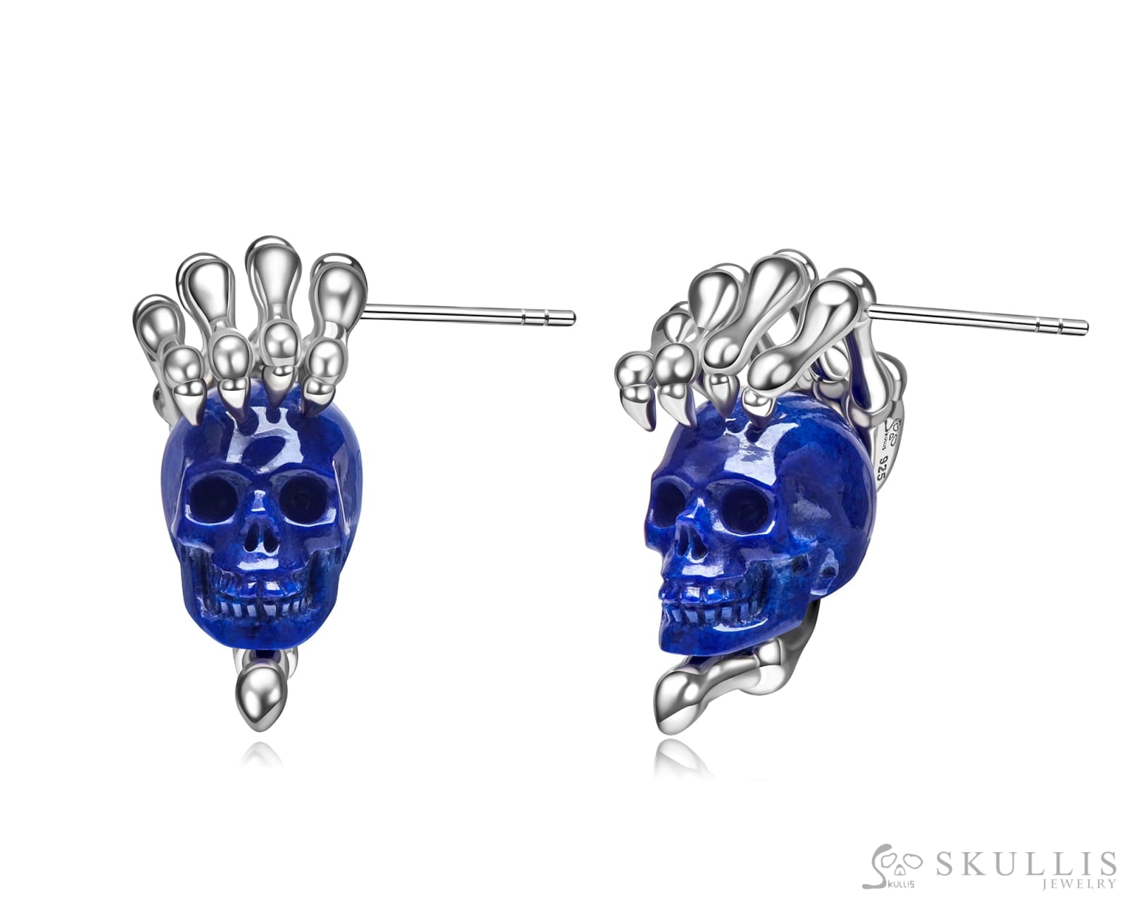 Gem Skull Earrings of Lapis Lazuli Carved Skull with 925 Sterling Silver Hand Bones Skull Earrings