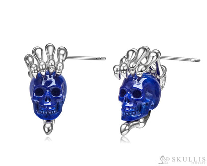 Gem Skull Earrings of Lapis Lazuli Carved Skull with 925 Sterling Silver Hand Bones Skull Earrings