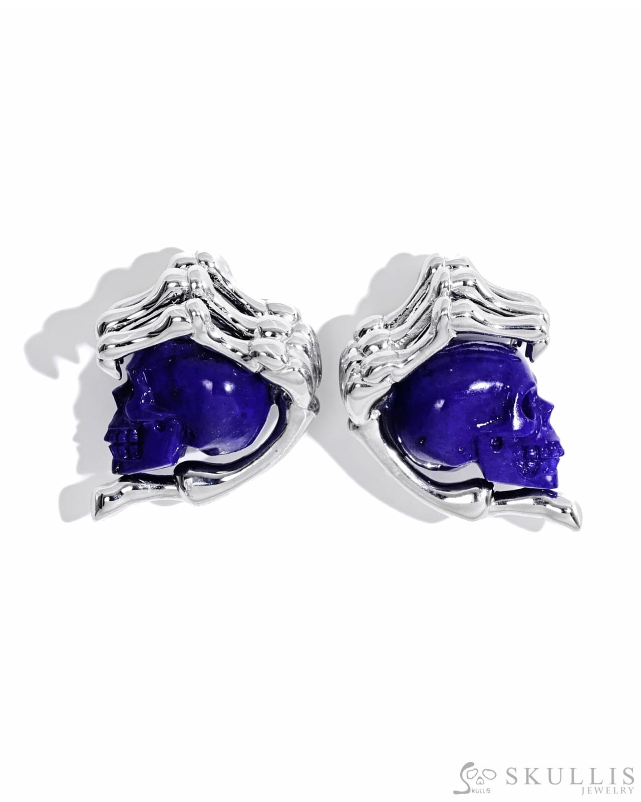 Gem Skull Earrings of Lapis Lazuli Carved Skull with 925 Sterling Silver Hand Bones Skull Earrings