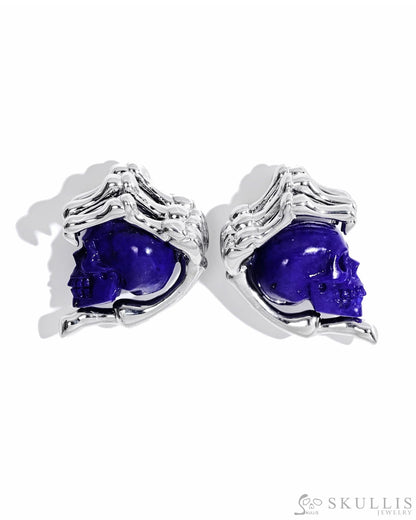 Gem Skull Earrings of Lapis Lazuli Carved Skull with 925 Sterling Silver Hand Bones Skull Earrings