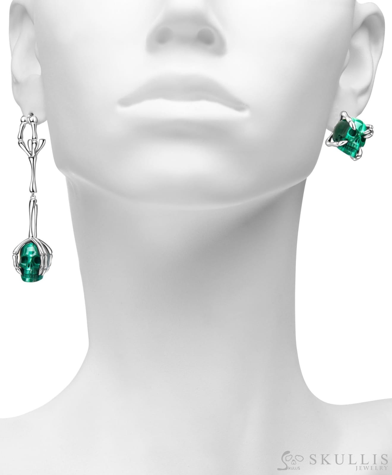 Gem Skull Earrings Of Malachite Carved 925 Sterling Silver