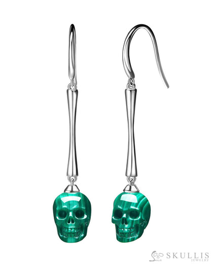 Gem Skull Earrings of Malachite Carved Skull, 925 Sterling Silver