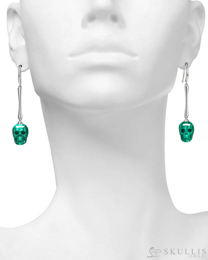 Gem Skull Earrings of Malachite Carved Skull, 925 Sterling Silver