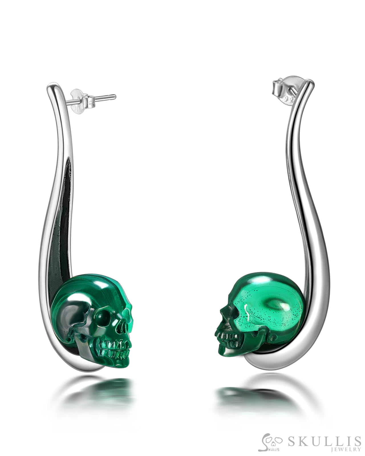 Gem Skull Earrings Of Malachite Carved Skull In 925 Sterling Silver Skull