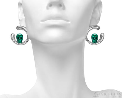 Gem Skull Earrings of Malachite Carved Skull in 925 Sterling Silver Skull Earrings