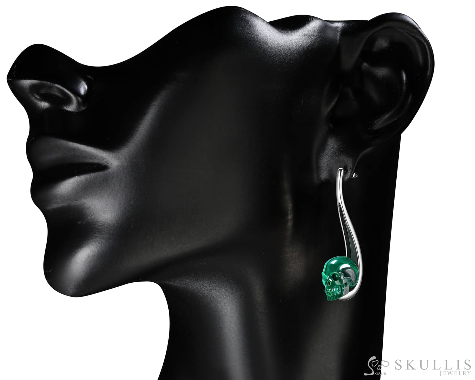 Gem Skull Earrings Of Malachite Carved Skull In 925 Sterling Silver Skull