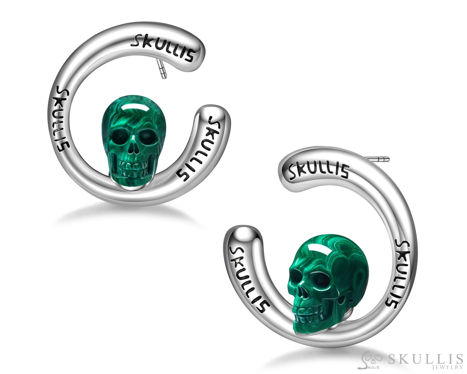 Gem Skull Earrings of Malachite Carved Skull in 925 Sterling Silver Skull Earrings