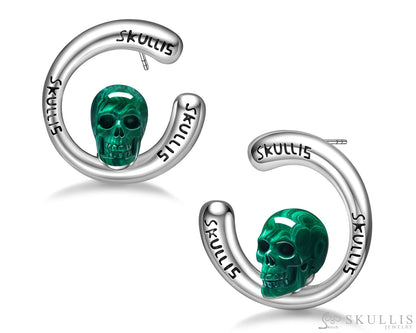 Gem Skull Earrings of Malachite Carved Skull in 925 Sterling Silver Skull Earrings