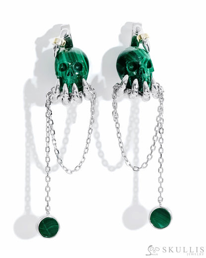 Gem Skull Earrings of Malachite Carved Skull with 925 Sterling Silver Hand Bones Skull Earrings