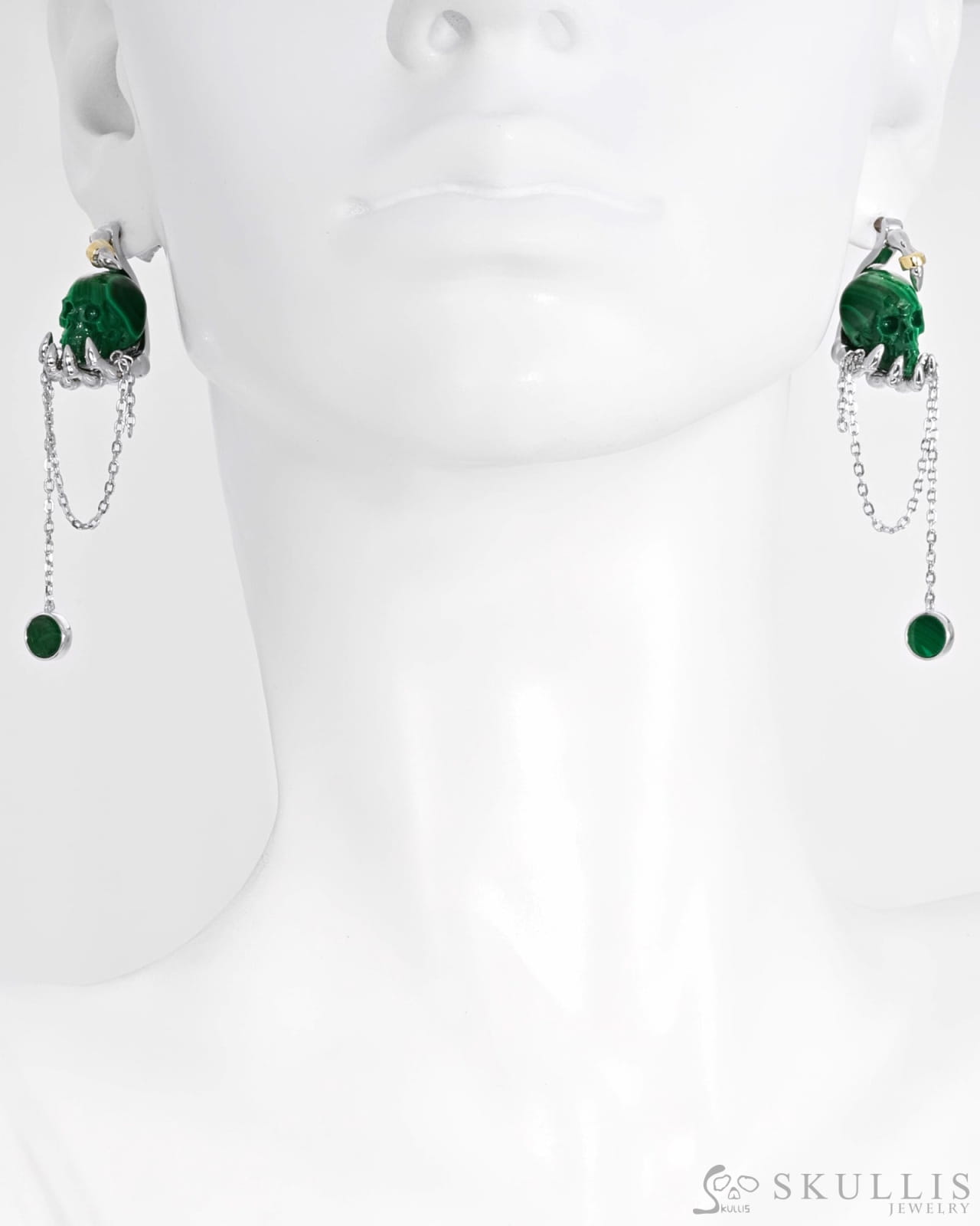 Gem Skull Earrings of Malachite Carved Skull with 925 Sterling Silver Hand Bones Skull Earrings