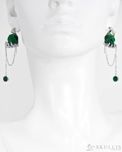 Gem Skull Earrings of Malachite Carved Skull with 925 Sterling Silver Hand Bones Skull Earrings