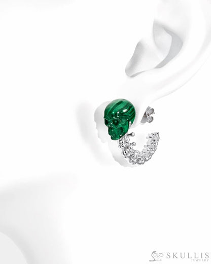 Gem Skull Earrings of Malachite Carved Skull with 925 Sterling Silver Spines Skull Earrings