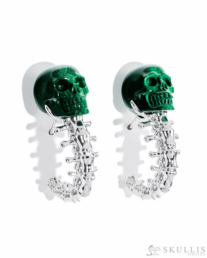 Gem Skull Earrings of Malachite Carved Skull with 925 Sterling Silver Spines Skull Earrings