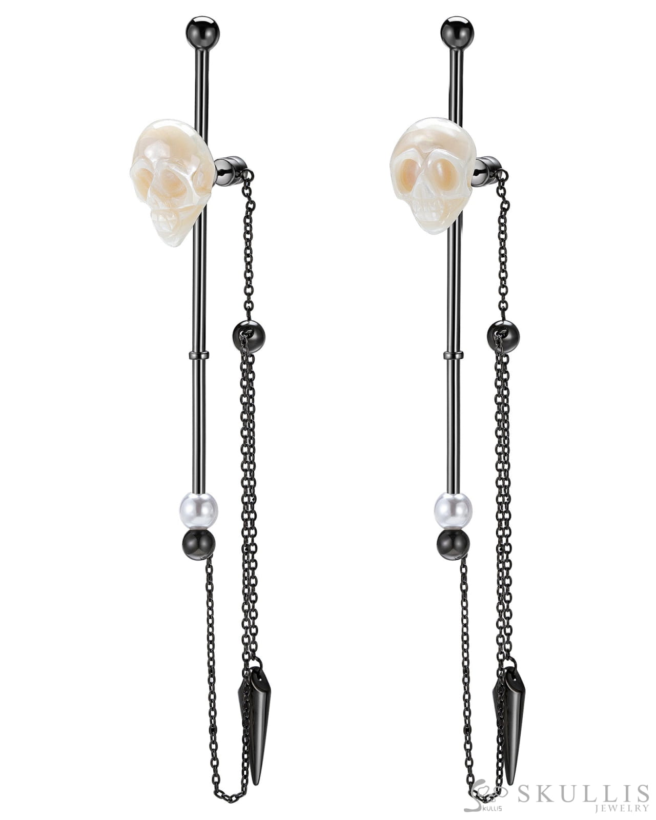 Gem Skull Earrings Of Pearl Carved Skull In Black - Tone 925 Sterling Silver