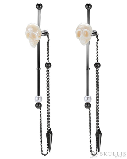 Gem Skull Earrings Of Pearl Carved Skull In Black - Tone 925 Sterling Silver