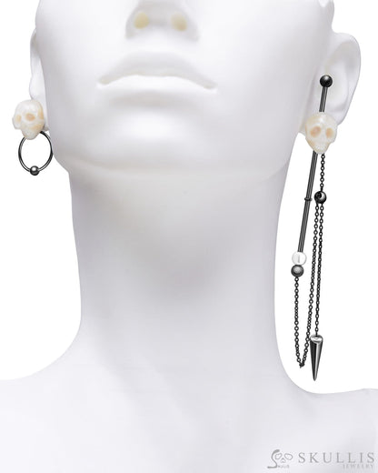 Gem Skull Earrings Of Pearl Carved Skull In Black - Tone 925 Sterling Silver