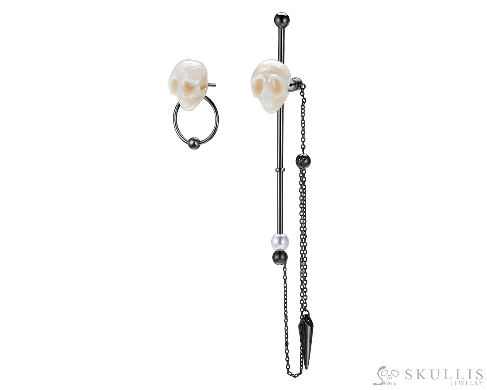 Gem Skull Earrings Of Pearl Carved Skull In Black - Tone 925 Sterling Silver