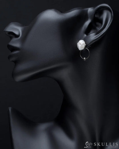 Gem Skull Earrings Of Pearl Carved Skull In Black - Tone Sterling Silver Skull