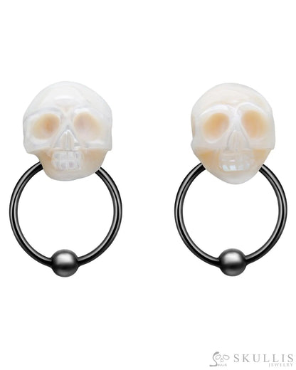 Gem Skull Earrings Of Pearl Carved Skull In Black - Tone Sterling Silver Skull