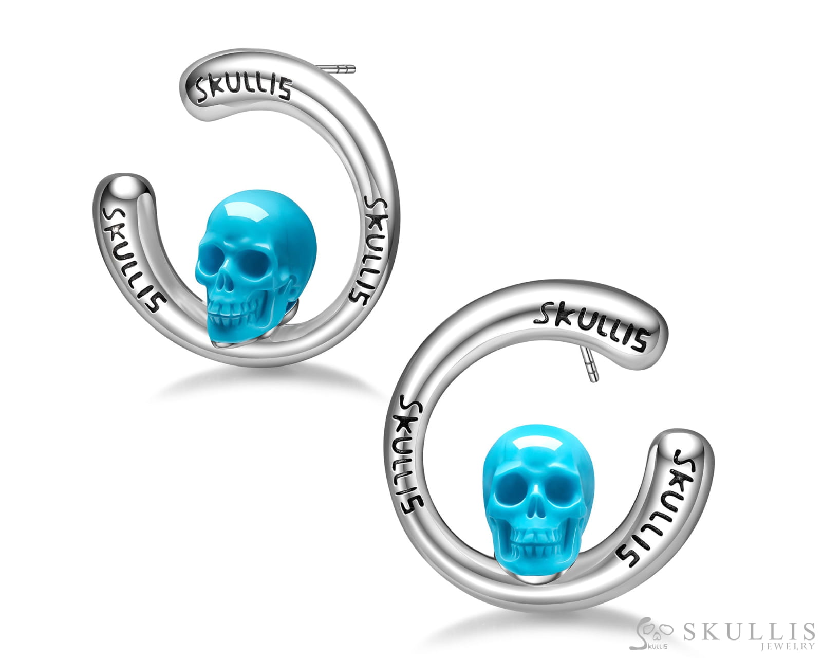 Gem Skull Earrings of Peruvian Turquoise Carved Skull in 925 Sterling Silver Skull Earrings