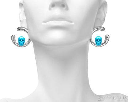 Gem Skull Earrings of Peruvian Turquoise Carved Skull in 925 Sterling Silver Skull Earrings