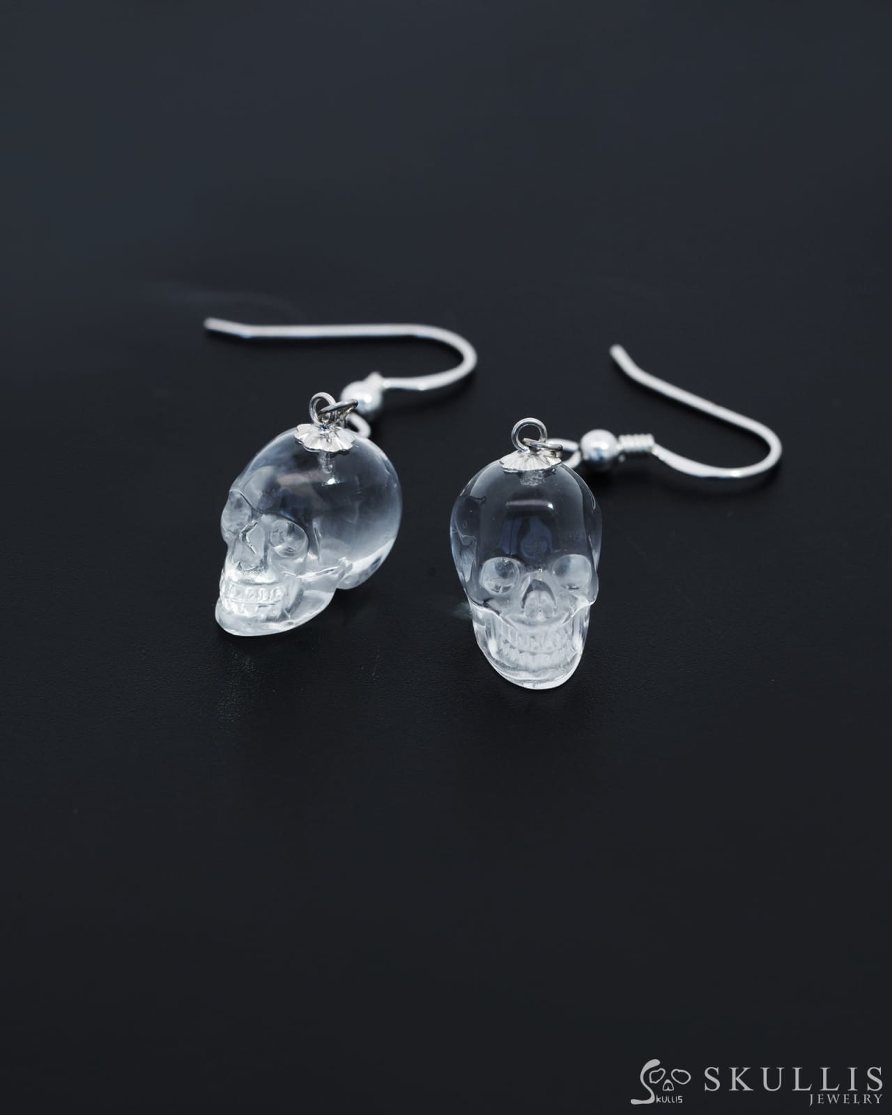 Gem Skull Earrings Of Quartz Rock Crystal Carved In 925 Sterling Silver -0800030