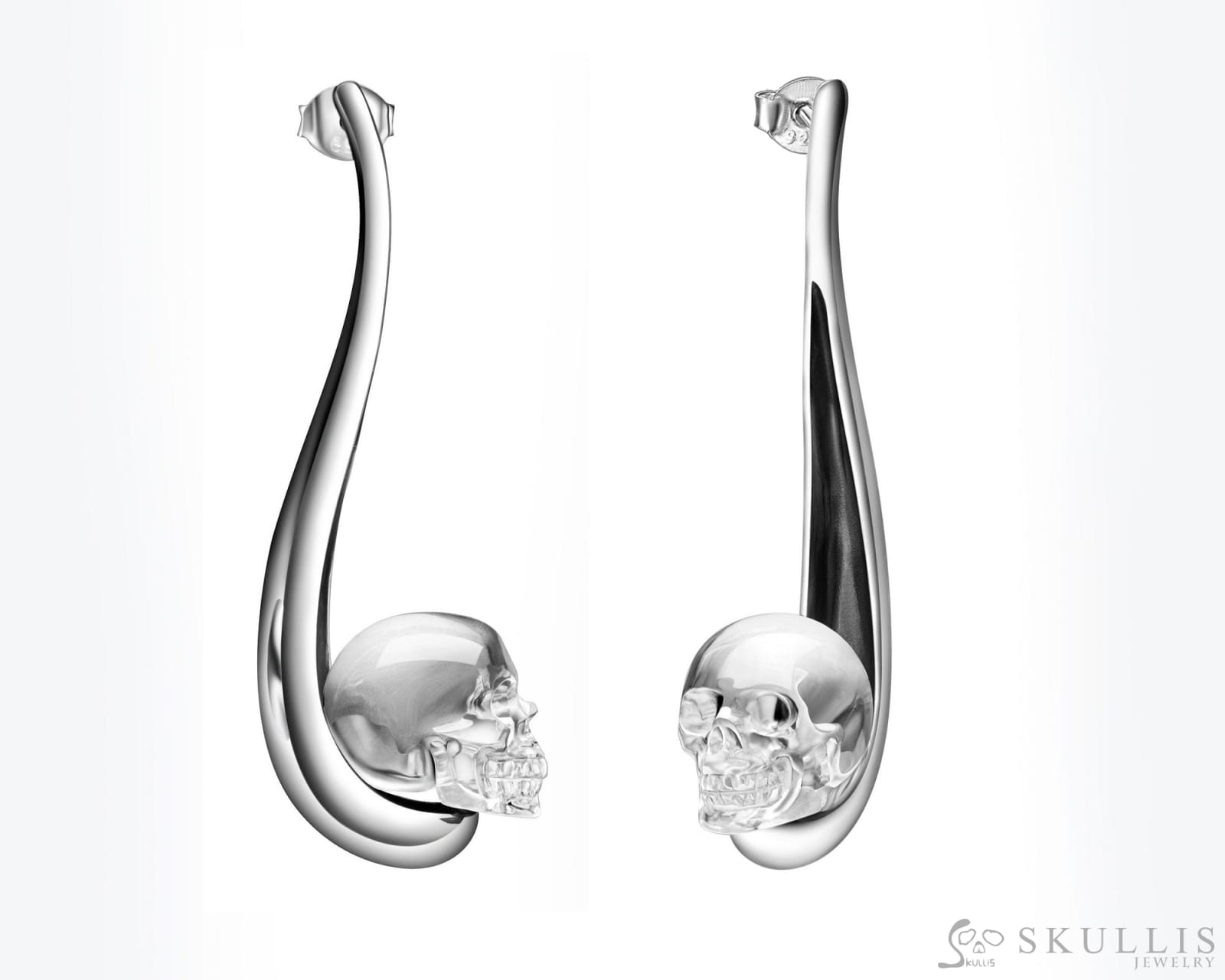 Gem Skull Earrings of Quartz Rock Crystal Carved Skull in 925 Sterling Silver Skull Earrings