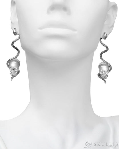 Gem Skull Earrings of Quartz Rock Crystal Carved Skull with 925 Sterling Silver Snake