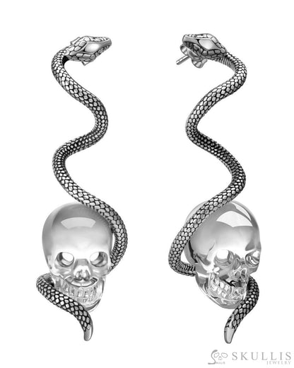 Gem Skull Earrings of Quartz Rock Crystal Carved Skull with 925 Sterling Silver Snake